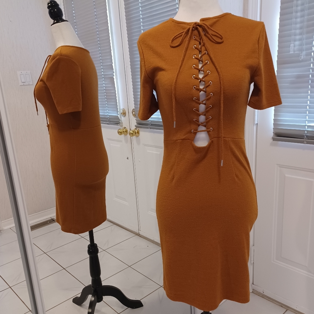 4/$80 Lace-up Front Tan Dress - Size XS